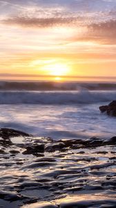 Preview wallpaper coast, sea, waves, sunset