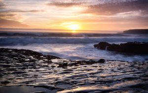 Preview wallpaper coast, sea, waves, sunset