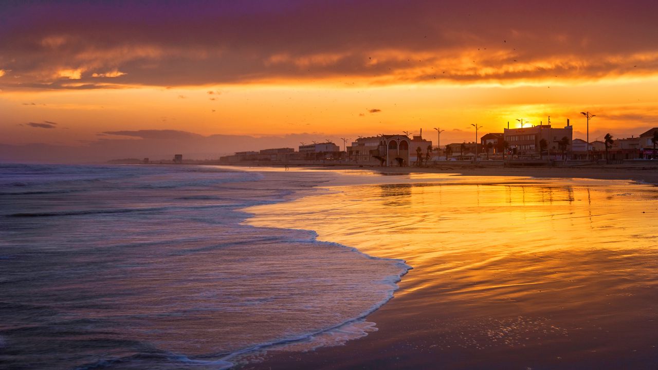 Wallpaper coast, sea, waves, sunset, dark