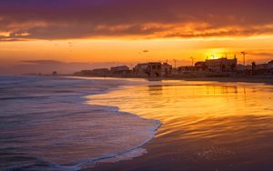 Preview wallpaper coast, sea, waves, sunset, dark