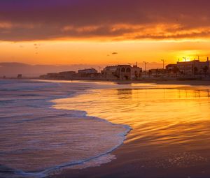 Preview wallpaper coast, sea, waves, sunset, dark