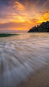 Preview wallpaper coast, sea, waves, long exposure, trees