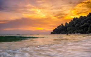 Preview wallpaper coast, sea, waves, long exposure, trees