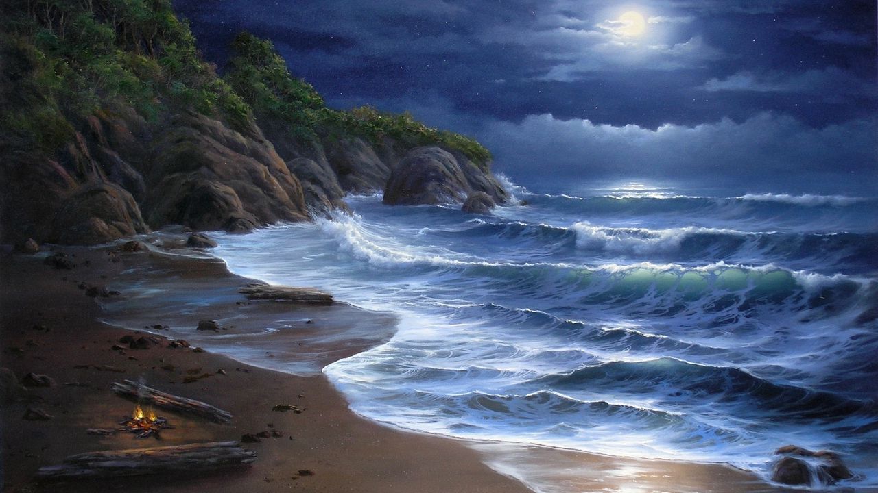 Wallpaper coast, sea, waves, moon, fire, art