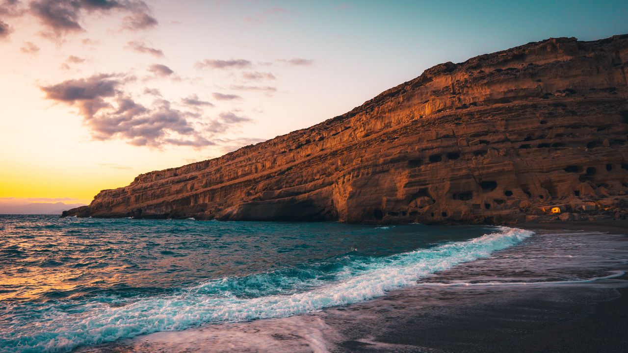 Wallpaper coast, slope, sea, rocks, sunset