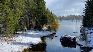 Preview wallpaper coast, snow, river, trees, nature