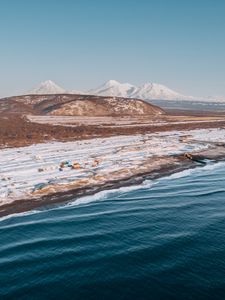 Preview wallpaper coast, snowy, aerial  view, water, mountains, landscape