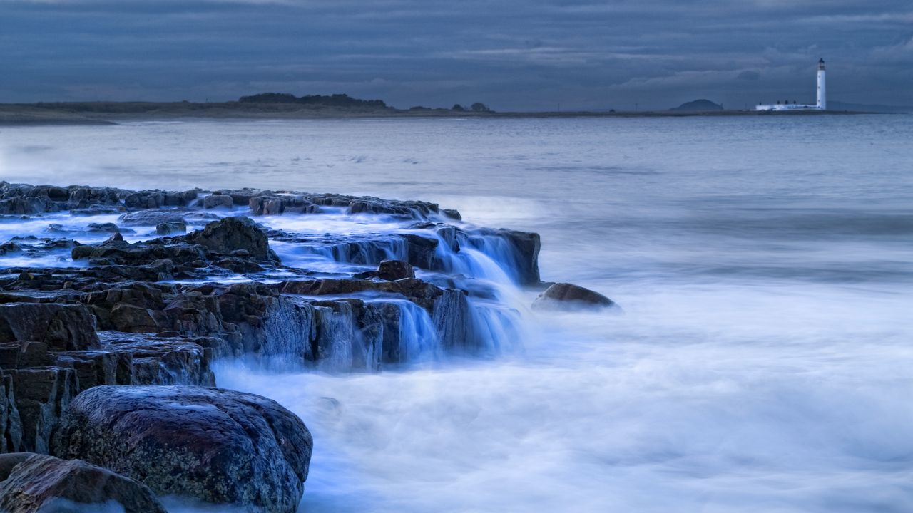 Wallpaper coast, stones, beacon, distance, scotland, sea, waves