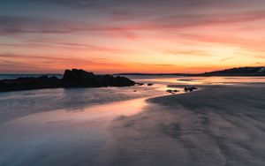 Preview wallpaper coast, stones, horizon, sunset, dark