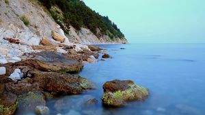 Preview wallpaper coast, stones, moss, rocks, smooth surface, silence