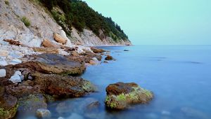 Preview wallpaper coast, stones, moss, rocks, smooth surface, silence