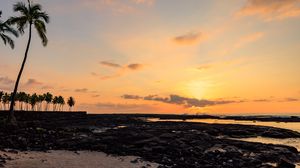 Preview wallpaper coast, stones, palm trees, sunset, nature