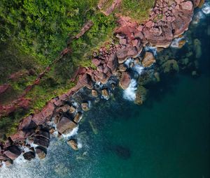Preview wallpaper coast, stones, rocks, sea, aerial view