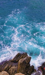 Preview wallpaper coast, stones, rocks, sea, aerial view, surf