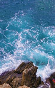 Preview wallpaper coast, stones, rocks, sea, aerial view, surf