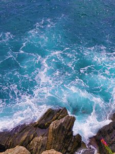 Preview wallpaper coast, stones, rocks, sea, aerial view, surf