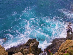 Preview wallpaper coast, stones, rocks, sea, aerial view, surf