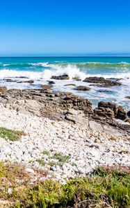 Preview wallpaper coast, stones, sea, waves, splashes, landscape