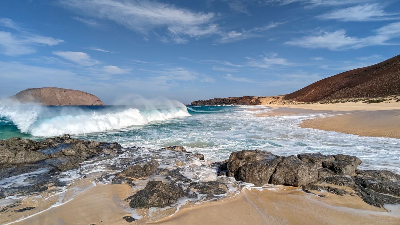 Wallpaper coast, stones, sea, splashes, waves, landscape