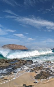 Preview wallpaper coast, stones, sea, splashes, waves, landscape