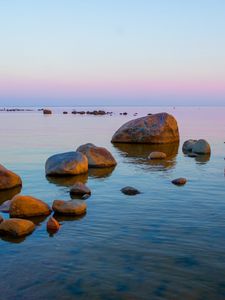 Preview wallpaper coast, stones, sea, horizon, twilight