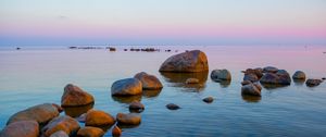 Preview wallpaper coast, stones, sea, horizon, twilight