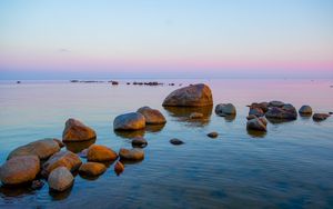 Preview wallpaper coast, stones, sea, horizon, twilight