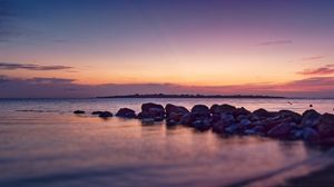 Preview wallpaper coast, stones, sea, water, twilight, landscape