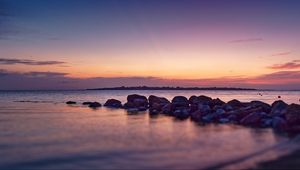 Preview wallpaper coast, stones, sea, water, twilight, landscape