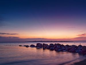 Preview wallpaper coast, stones, sea, water, twilight, landscape