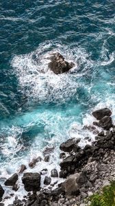 Preview wallpaper coast, stones, sea, waves, nature, aerial view
