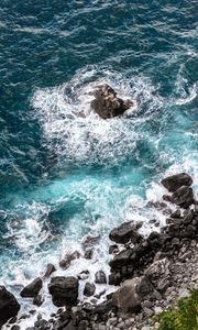 Preview wallpaper coast, stones, sea, waves, nature, aerial view