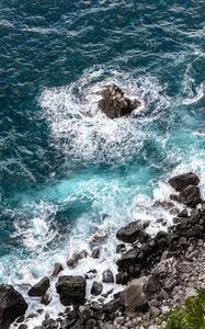 Preview wallpaper coast, stones, sea, waves, nature, aerial view