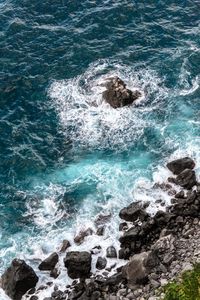 Preview wallpaper coast, stones, sea, waves, nature, aerial view