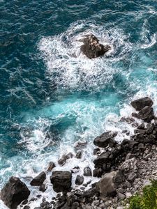 Preview wallpaper coast, stones, sea, waves, nature, aerial view