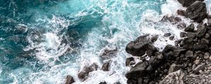 Preview wallpaper coast, stones, sea, waves, nature, aerial view