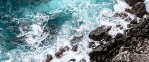 Preview wallpaper coast, stones, sea, waves, nature, aerial view