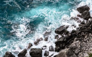 Preview wallpaper coast, stones, sea, waves, nature, aerial view