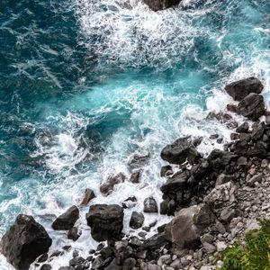 Preview wallpaper coast, stones, sea, waves, nature, aerial view