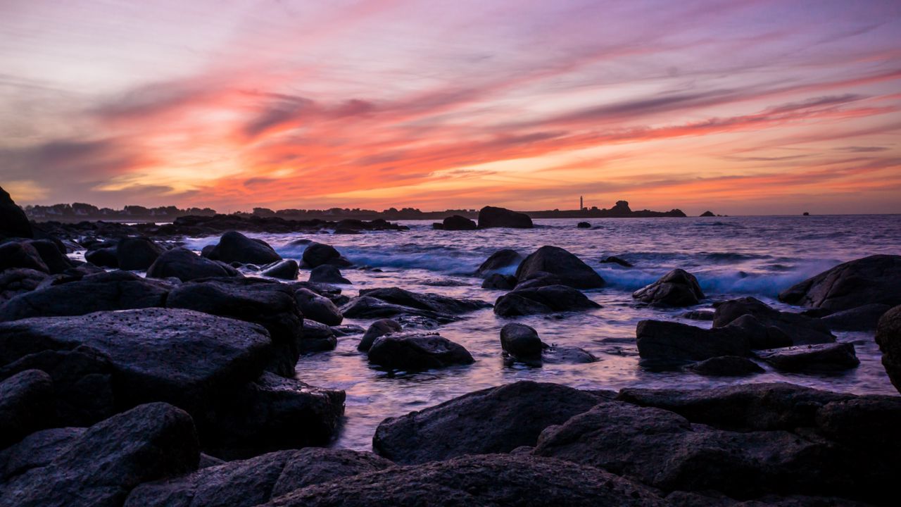 Wallpaper coast, stones, sea, water, sunset, landscape