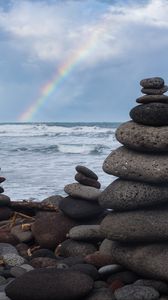 Preview wallpaper coast, stones, sea, rainbow, landscape