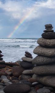 Preview wallpaper coast, stones, sea, rainbow, landscape