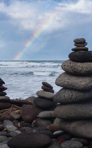 Preview wallpaper coast, stones, sea, rainbow, landscape