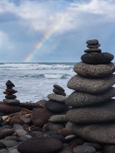 Preview wallpaper coast, stones, sea, rainbow, landscape