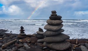 Preview wallpaper coast, stones, sea, rainbow, landscape