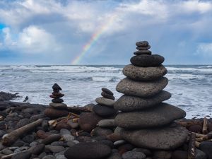 Preview wallpaper coast, stones, sea, rainbow, landscape