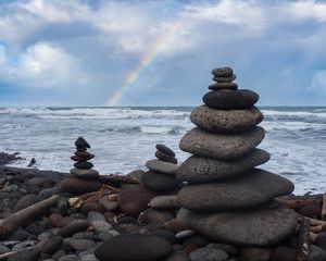 Preview wallpaper coast, stones, sea, rainbow, landscape
