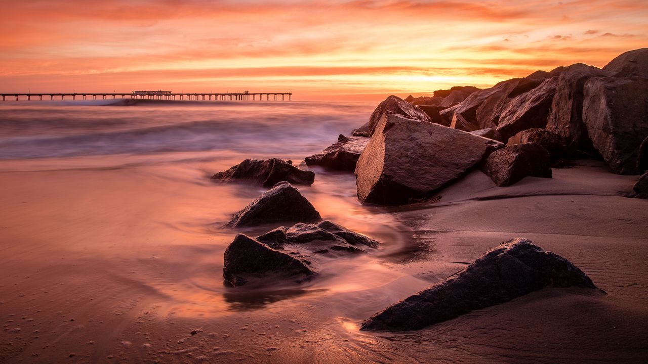 Wallpaper coast, stones, sea, sunset, twilight