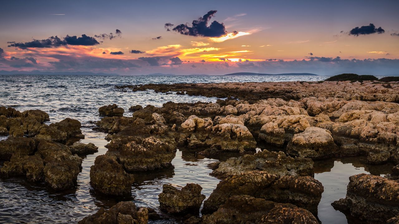 Wallpaper coast, stones, sea, sunset, nature, landscape