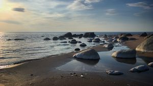 Preview wallpaper coast, stones, sea, horizon, sky, blue